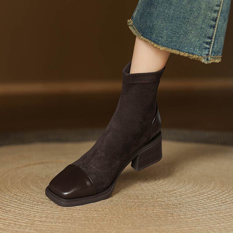 Krazing Pot Flock Winter Square Toe Modern Size 33 Boots Size 43 Zipper KPOP Style Fashion Stretch Ankle Boots