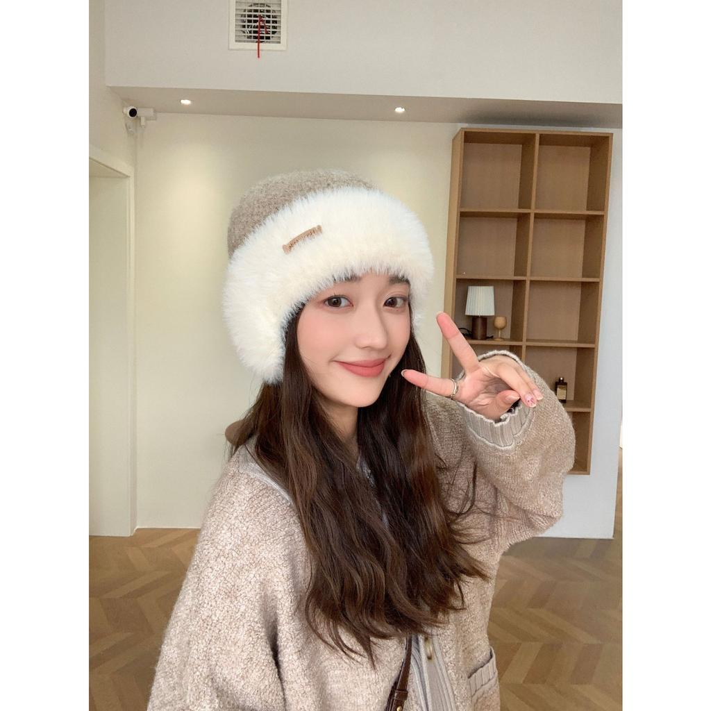 Hat Women's Big Head Circumference Knitted Wool Hat Winter Warm Thickened Plush Hat Versatile Contrasting Color Ear Protector Cold Hat