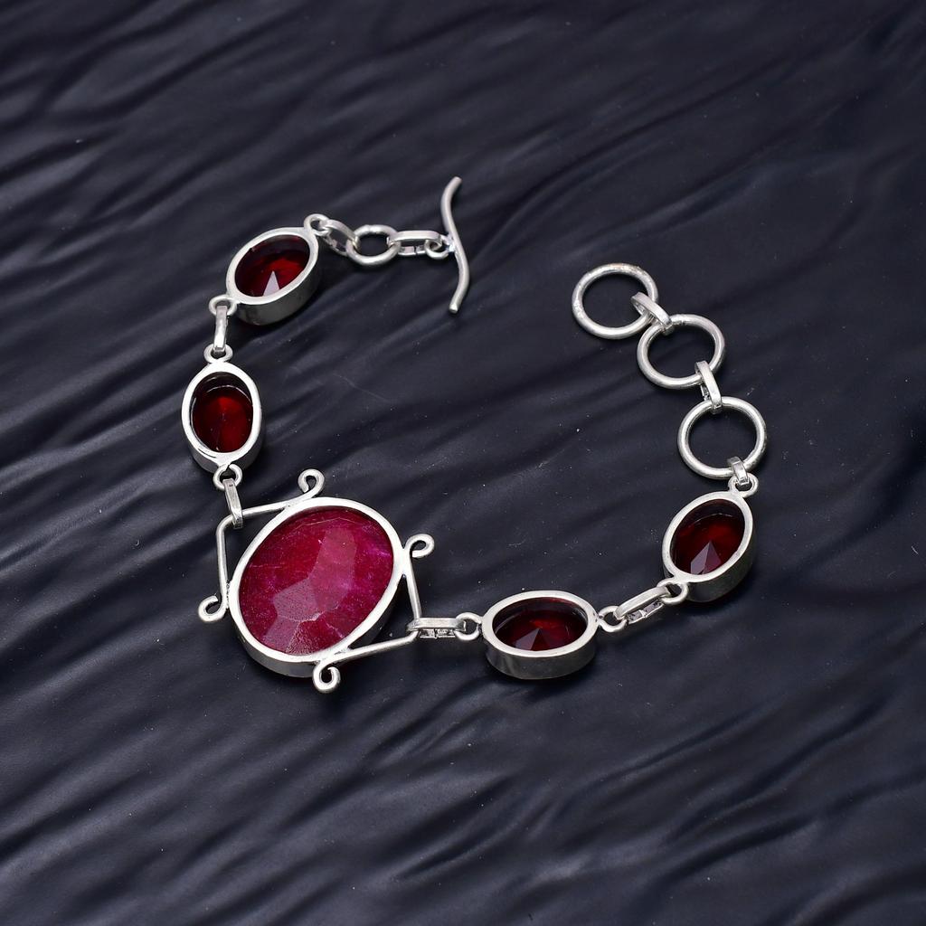 Pierre précieuse Rubis & Grenat : Bracelet Bijou en Argent Sterling 925 Fait Main Multi-Pierres Précieuses