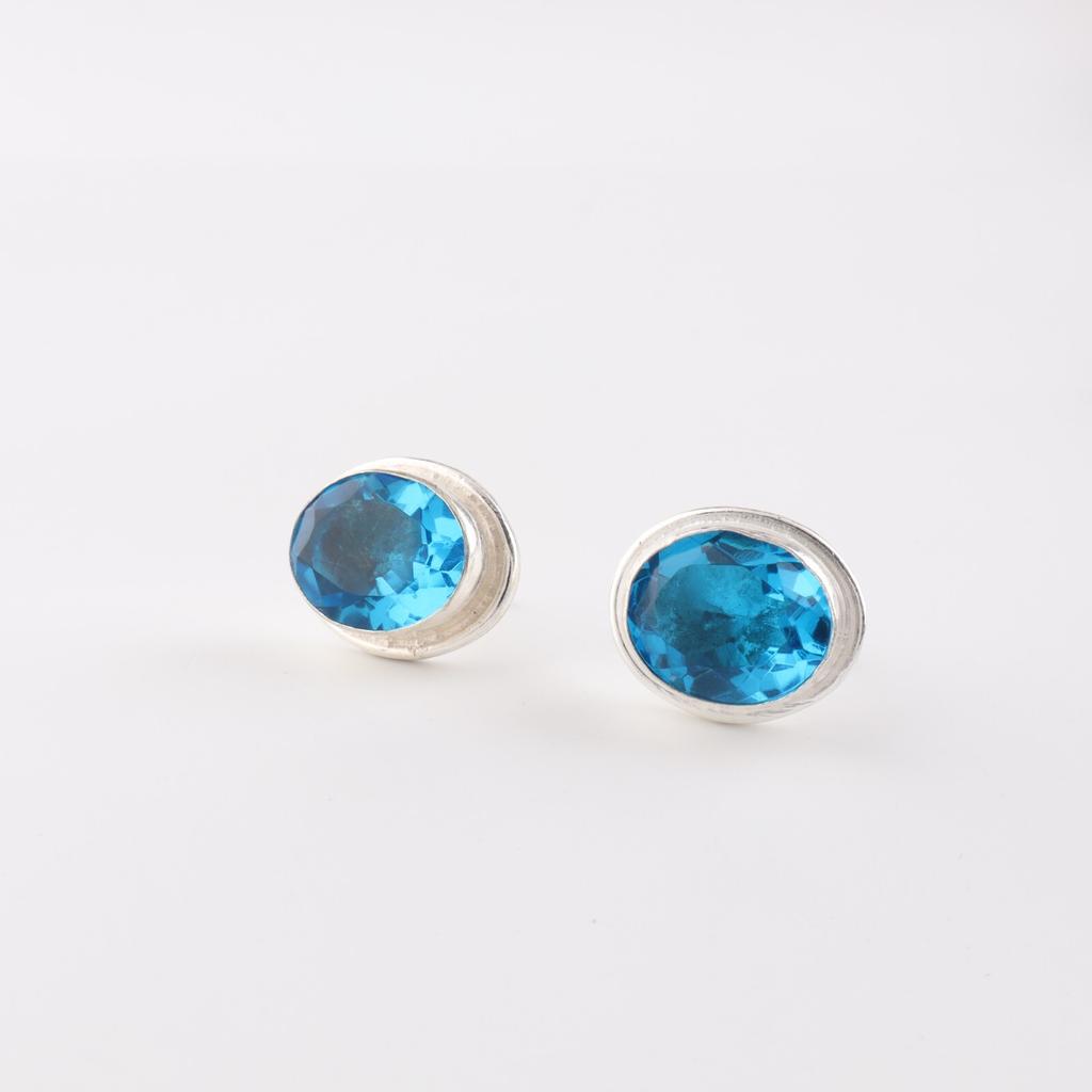 Swiss Blue Topaz Gemstone 925 Sterling Silver Jewelry Handmade Women Stud 0.5" EE-178-3