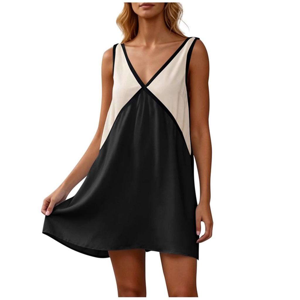 Women's Casual V Neck Loose Fit Sleeveless Dress Color Block Mini Dress Summer Beachwear Lightweight Comfortable