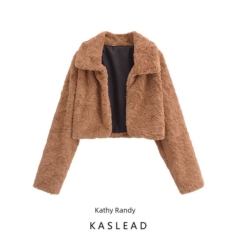Kaslead New Arrival Women's Clothing Fashion Style Fashion Minimalist Winter Lapel Long Sleeves Furry Short Outwear