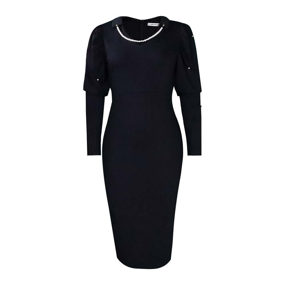 

Жіноча весняно-осінь модна сукня з V-подібним вирізом і бісером великого розміру. Жіноча суцільна суцільна сукня-футляр з довгими рукавами XXXL чорний