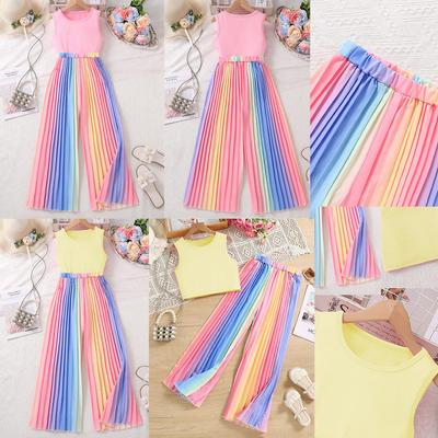 Girls Clothes Summer Fashion Short Sleeveless Vest + Colored Pleated Trousers Two-piece Set for Children