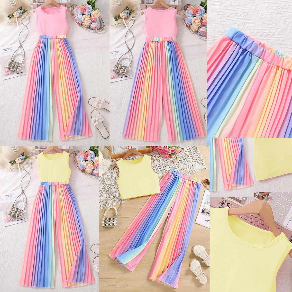 

Girls Clothes Summer Fashion Short Sleeveless Vest + Colored Pleated Trousers Two-piece Set for Children 10Y рожевий