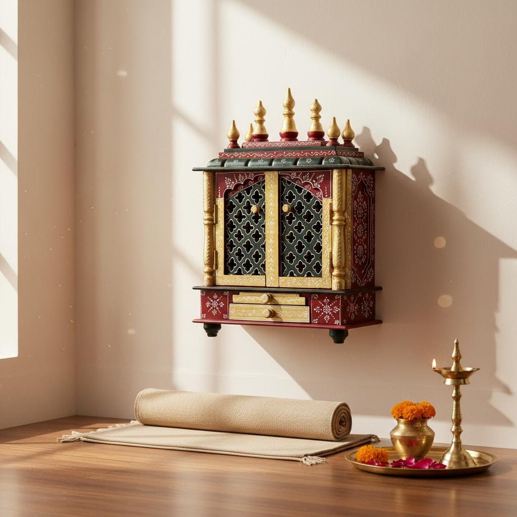 

Hand-Painted Wooden Temple | Wall Mounted Pooja Home Mandir | Miniature Pooja Mandap | Rajasthani Art Shrine for Home Decor, Hindu Religion