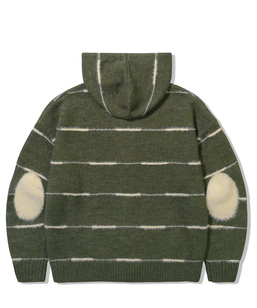TRILLION Washable Wool Hairy Stripe Hooded Zip-Up Knit_Khaki
