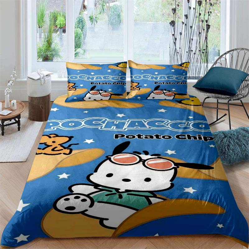 The new cartoon Pochacco dog themed three piece bedding set for 2026, including duvet covers and pillowcases, is the perfect cho