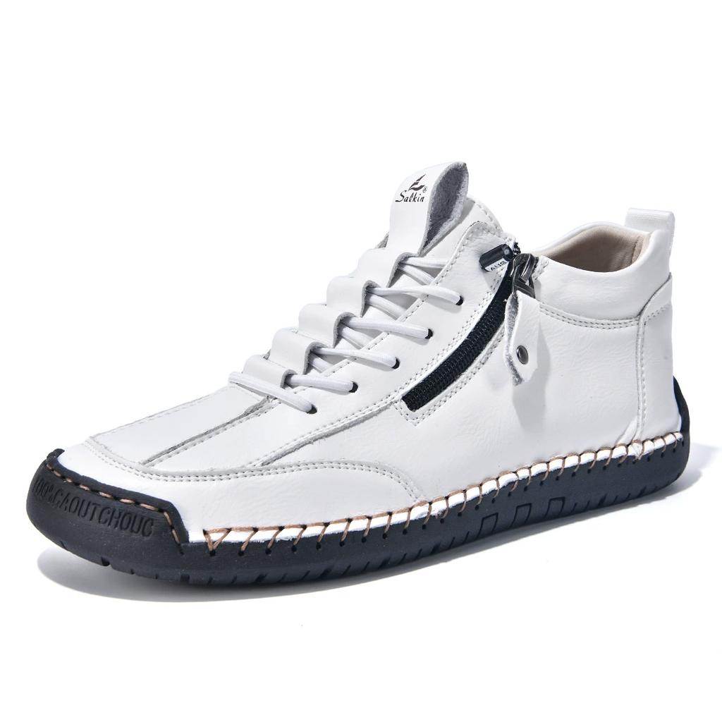New Classic Handmade Leather Men Shoes Zipper Design Outdoor Sneakers Slip On Casual Shoes Leather Breathable Men Ankle Boots