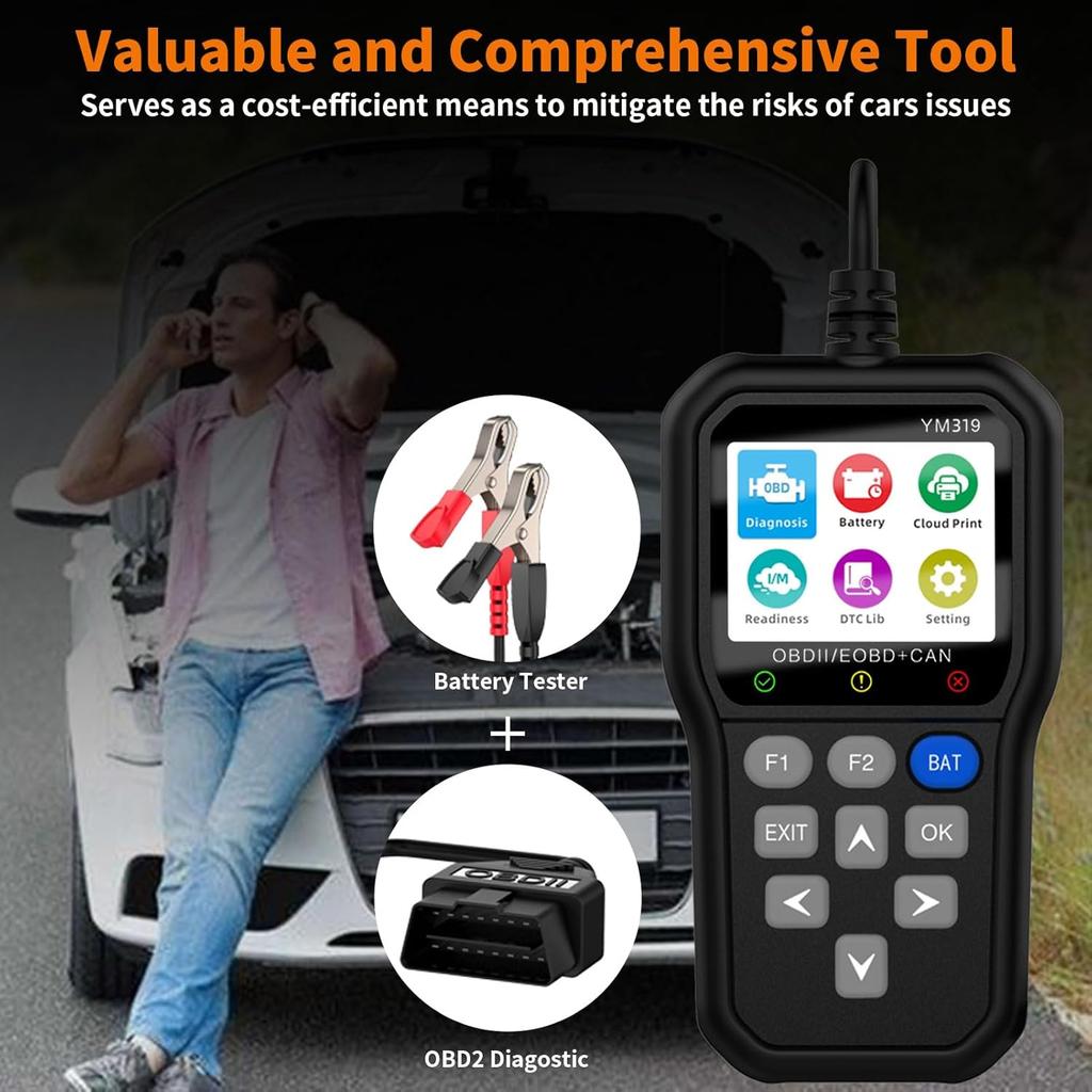OBD2 Scanner Battery Tester Diagnostic Tool, Car Code Reader CAN Clear Fault Light, Scan Auto Battery Voltage/Life, Printer for OBDII Cars Since 1996