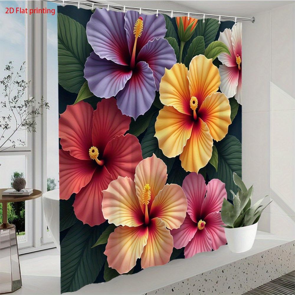 Tropical Hibiscus Shower Curtain 1Pc – Colorful Bold Flowers On Dark Background, Exotic Floral Art For Summer Bathroom Decor