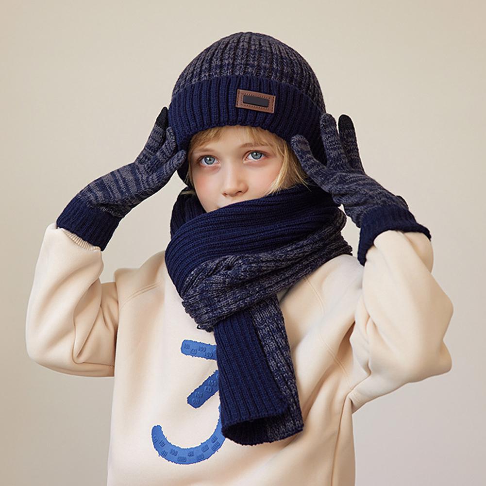 3pcs Children's Soft Knitted Hats Scarf Gloves Set Windproof Warming Kid Three Piece Set Beanie For Outdoors School Sports