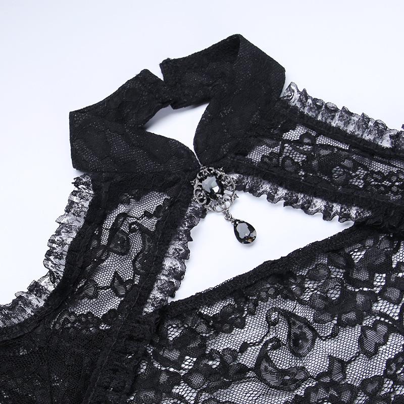 Women's Black Lace Bell Sleeve Halloween Top - Elegant Stand-up Collar