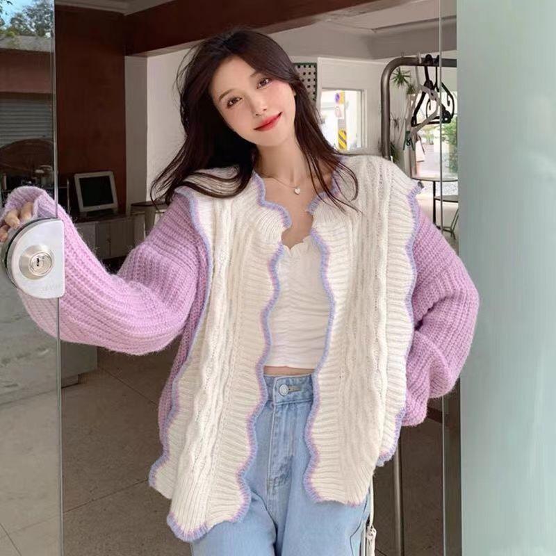 Purple Sweater Coat Autumn Women's Clothing Sweet Top Designed Niche Knitted Cardigan Early Spring Style