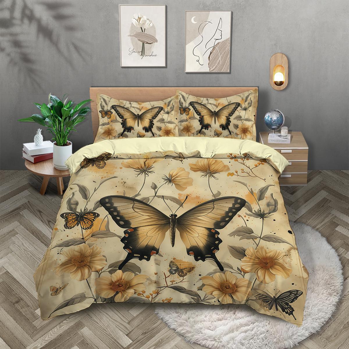 

3pcs Retro floral and butterfly pattern bedding set, 1 duvet cover and 2 pillowcases, polyester soft bedroom decoration bedding 135x200cm-EU-Single