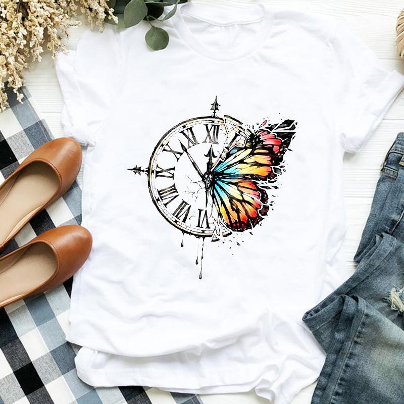 

Women Tshirt Butterfly Watercolor Vintage Cartoon Print Top Female T Shirt Harajuku Cute O-Neck Casual Ladies Tee Tops Clothing XL білий