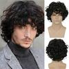 Men's Fashion Natural Fluffy Wig, Black-Brown Short Curly Denim Style High-Temperature Fiber Hairpiece