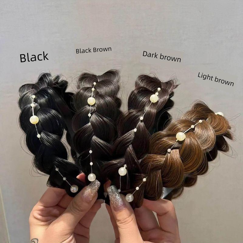 

Жемчужная цепочка Плетеные косички в стиле пончик делают лицо меньше Парик Обруч для волос Light Brown-pearl headband