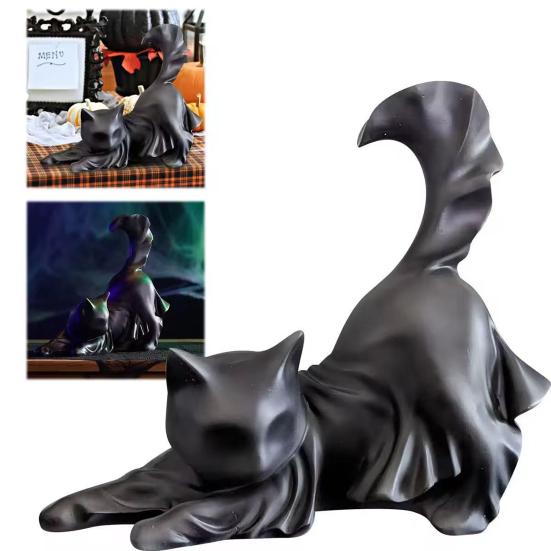 Black Ghost Cat Statue Resin Halloween Ghost Cat Figurine Gothic Feline Sculpture