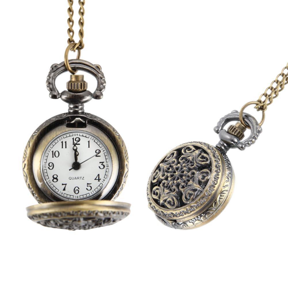 Orologio da tasca moda retrò per uomo donna, bronzo, quarzo, lega, cassa cava con ingranaggi scolpiti, con catena