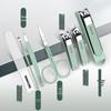 Matcha Green Nail Care Set: Anti-Splash Clippers, High-Grade Nail Tweezers, Eyebrow Tweezers, and Nose Hair Trimmer.