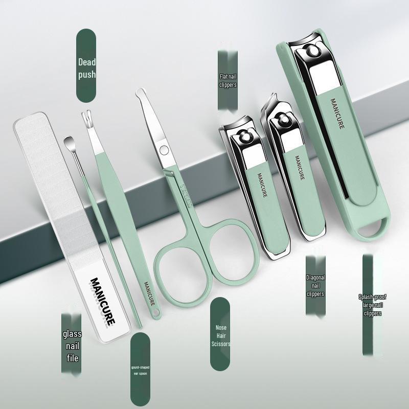 Matcha Green Nail Care Set: Anti-Splash Clippers, High-Grade Nail Tweezers, Eyebrow Tweezers, and Nose Hair Trimmer.