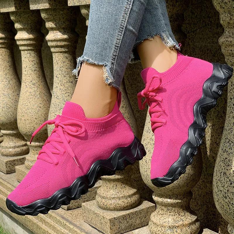 Fashion Rose Red Mesh Flat Vulcanize Shoes Women Summer Comfort Breathable Soft Sole Sneakers Plus Size Thick Sole Non Slip Casual Shoes