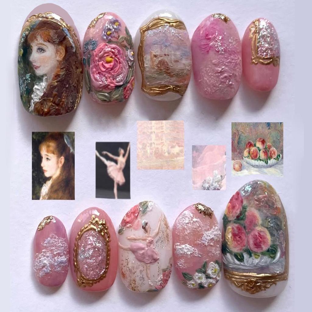 24PCS Retro Oil Paintings Patterns Almond False Nails with Glue Cute Sweet Garden Girl Stick On Nails Detachable Fake Nails Tips