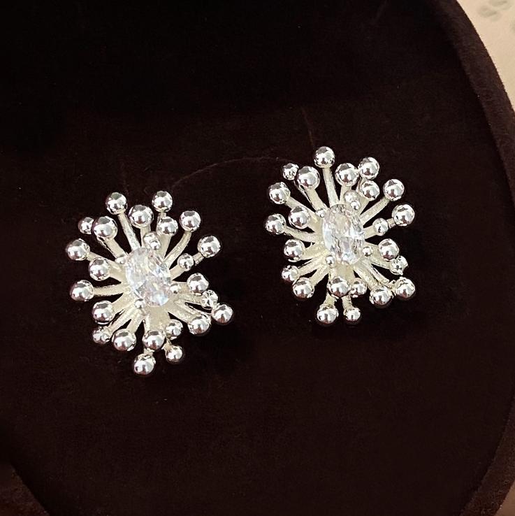 PONYKISS Sterling Silver 18K Gold Zircon Fireworks Flower Stud Earrings for Women Cute Fine Personality Accessories