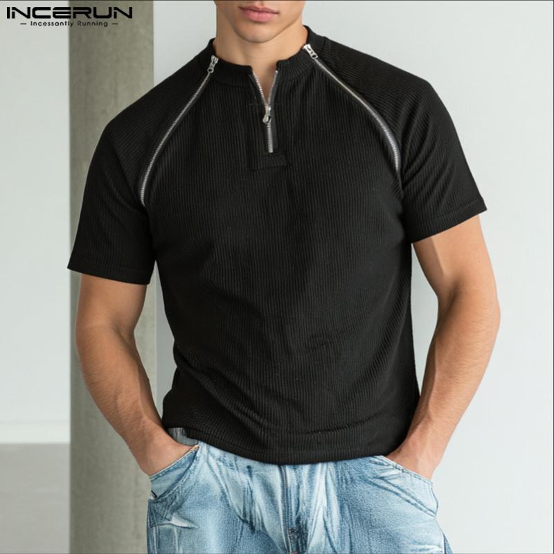 INCERUN Men Round Neck Short Sleeve Zipper Casual Fitted T-shirts