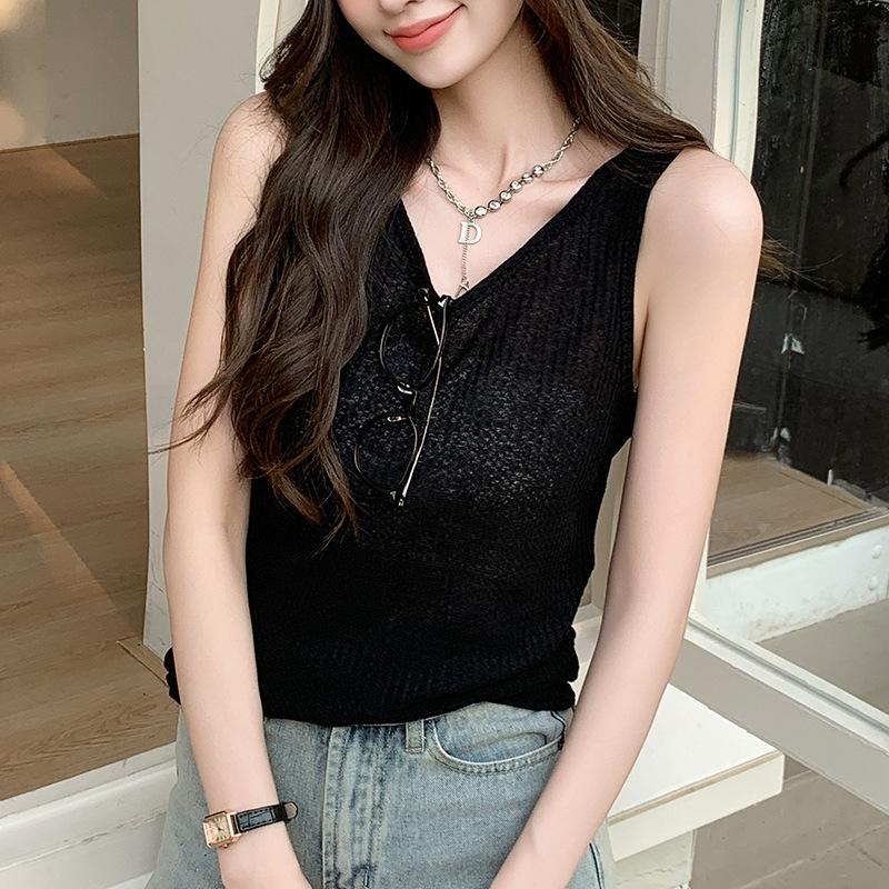 

8 Waffle Small Suspender Vest Women s Inner Wear Summer Outer Wear Lazy Wind Sleeveless Loose Versatile Bottom Top S fits 80-47.5 kg чёрный