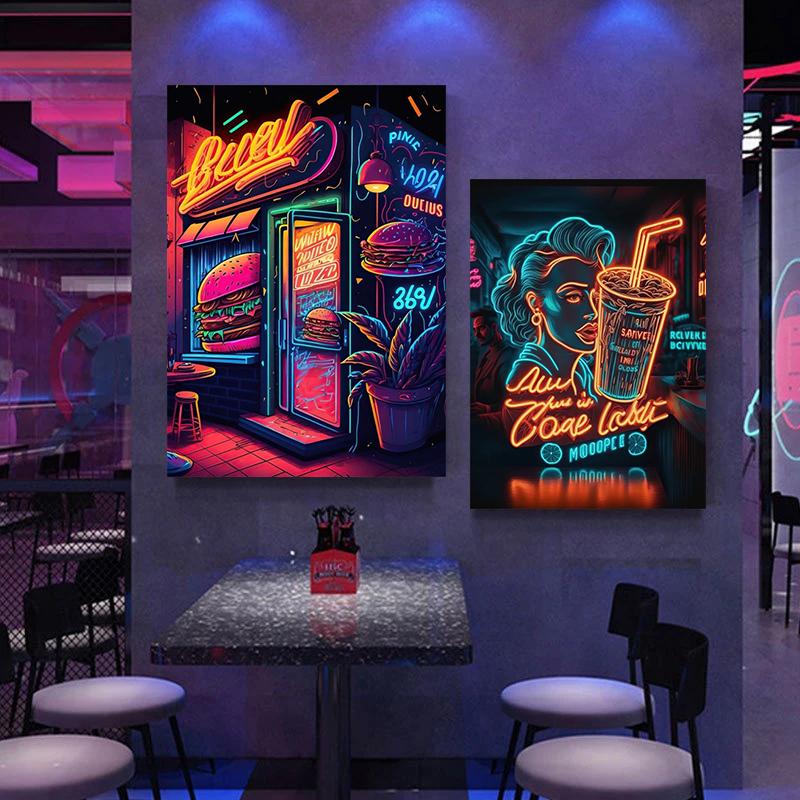 Colored Neon Lights Food and Beverage Posters Prints Hamburger Pizza Fruit Canvas Paintings Wall Art for Kitchen Home Decor