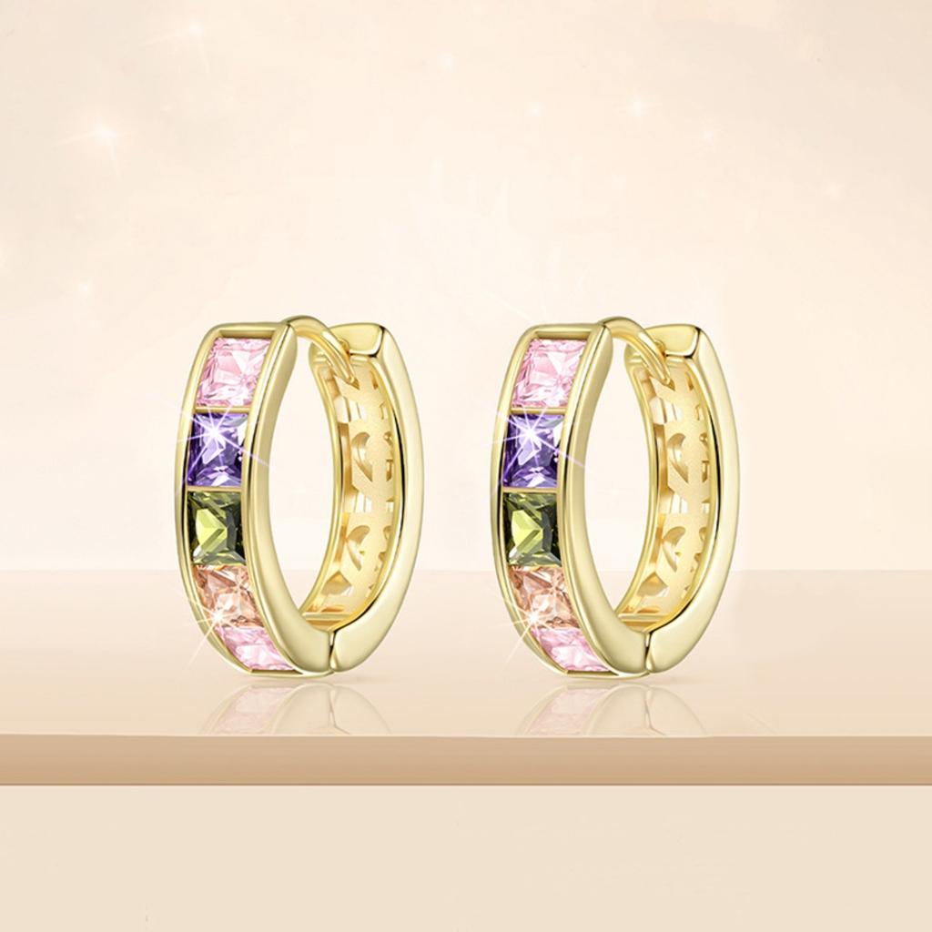Gold Tone Multicolor Square Cut Huggie Hoop Earrings for Women Rainbow Colorful Elegant Daily Party Jewelry