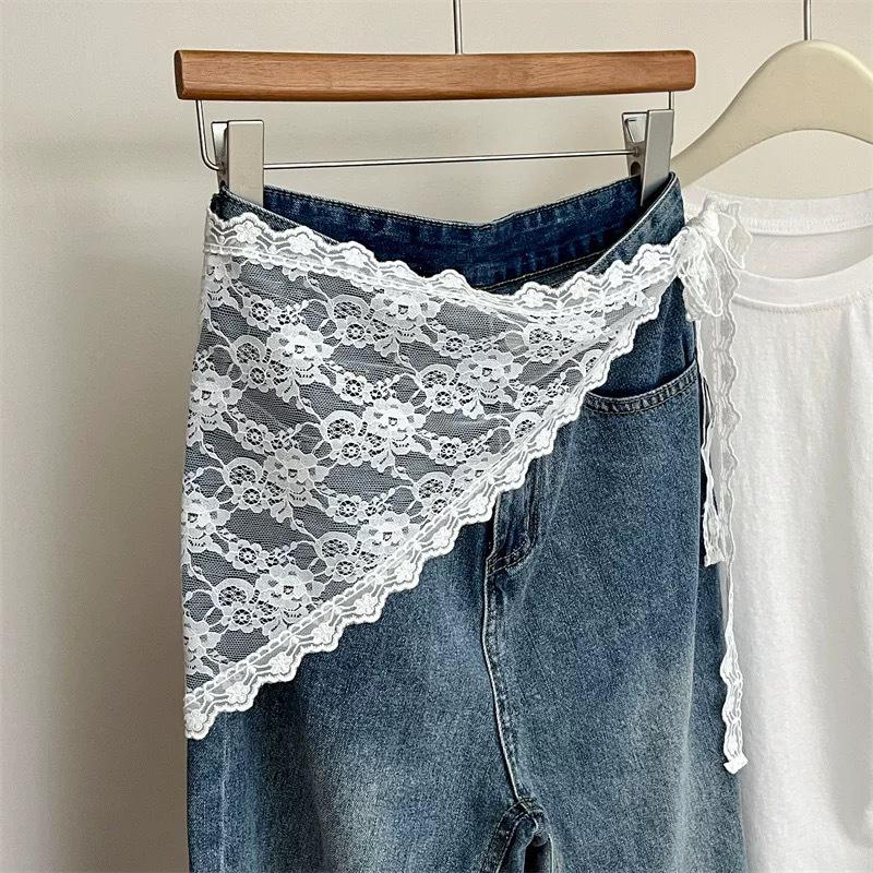 Korean Lace Embroidered Waistband Tulle Skirt with Layered Scarf Accessory