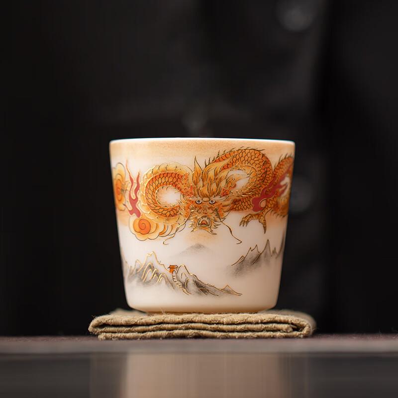 Wang Wenke Mutton Fat Jade Porcelain Dragon Master Tea Cup