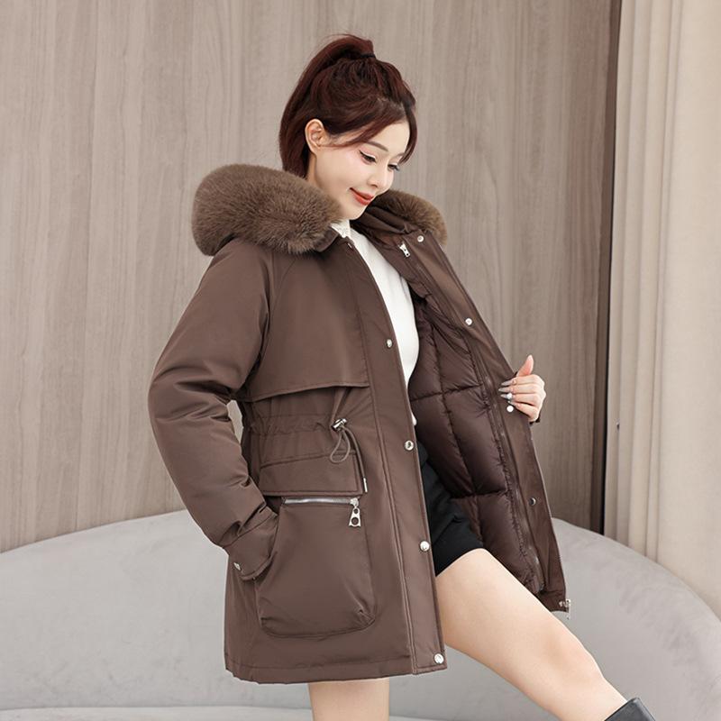 

Хлопковая одежда женская новый зарубежный стиль средней длины с большим меховым воротником утолщенная пирожковая куртка корейская версия свободная хлопковая одежда зима XXXL кофейный