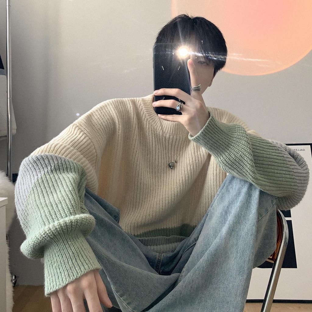 Autumn Winter New Men Sweater Black White Block Jacquard Streetwear Men Tie Dye Casual Pullover Harajuku High Street Top