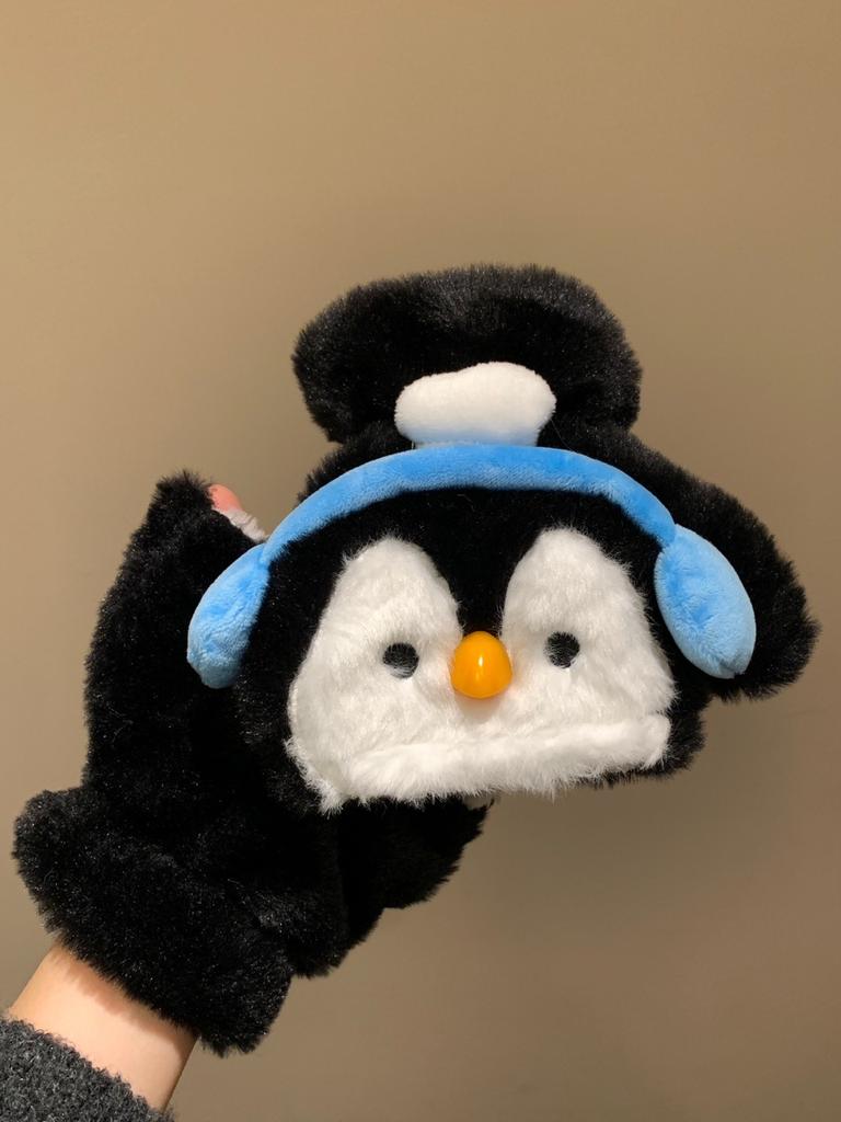 Süße kleine Pinguin-Flipp-Halbfinger-Plüschhandschuhe für Damen, verdickt, warm, für Schüler zum Schreiben bei Kälte