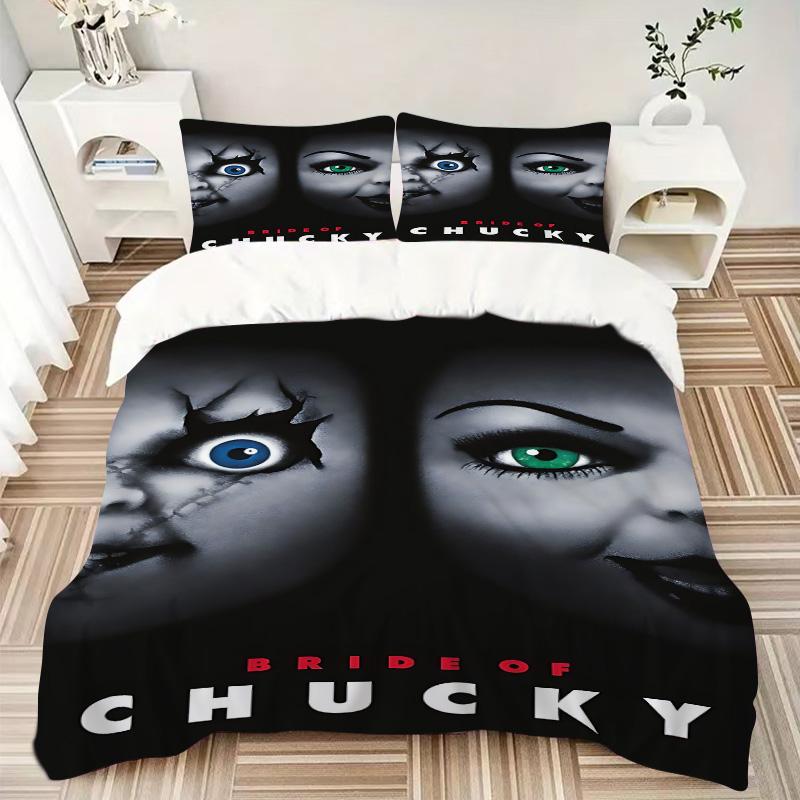 Braut Chucky Horror Print 3-teiliges Bettwäsche-Set Bettbezug mit 2 Kissenbezügen Heim-Geburtstagsgeschenk