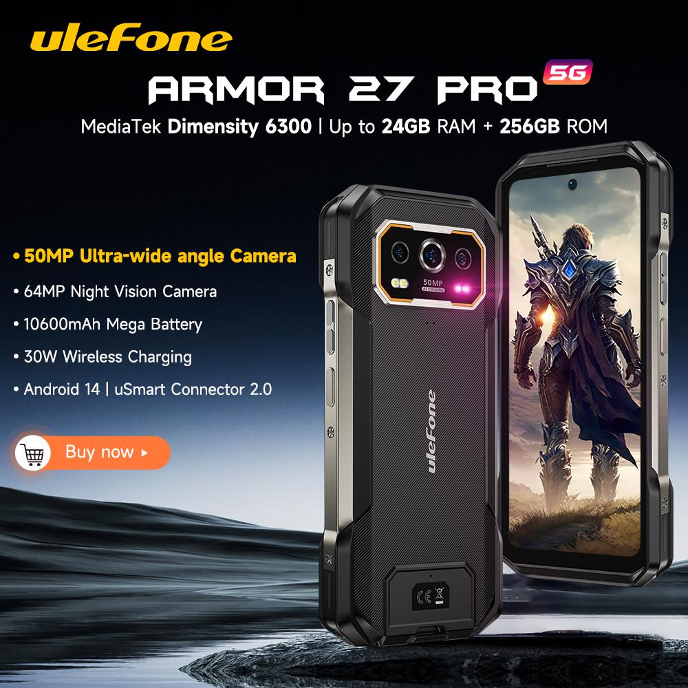 Ulefone Armor 27 Pro 5G Rugged Phone 10600mAh Smartphone 50MP Camera 64MP Night Android 15 Up to 24GB+256GB NFC Mobile Phone
