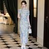 Elegant Blue Tencel Linen Qipao Dress 2026 Womens Modern Long Cheongsam With Stand Collar Side Slit