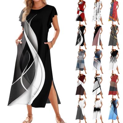 Ladies' Fashionable Summer Casual Pleated Sleeves, Loose Color Block Patchwork Printed Short-sleeved Round Tie Pocket Beach Dress