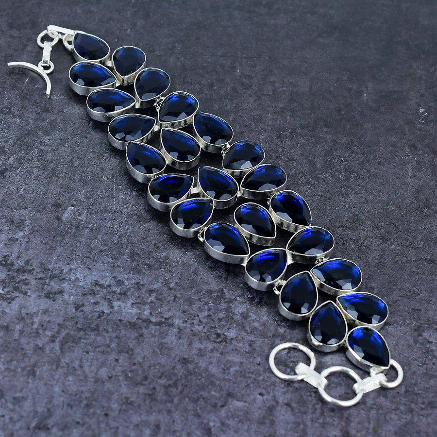 London Blue Topaz Gemstone Handmade 925 Sterling Silver Bracelet 7-8" K1K43