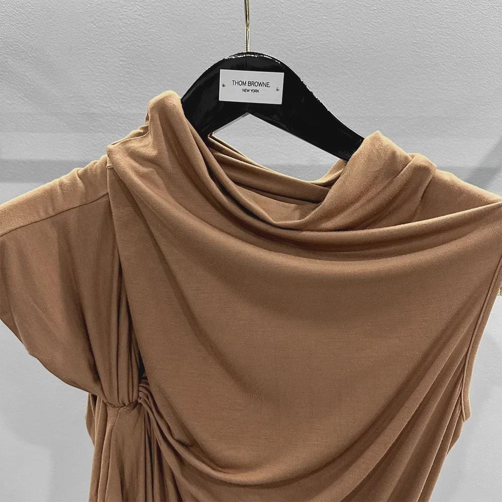 SUBHUMAN Women's European & American Style | Orange Irregular Pleated High Collar One-Shoulder Knit Top