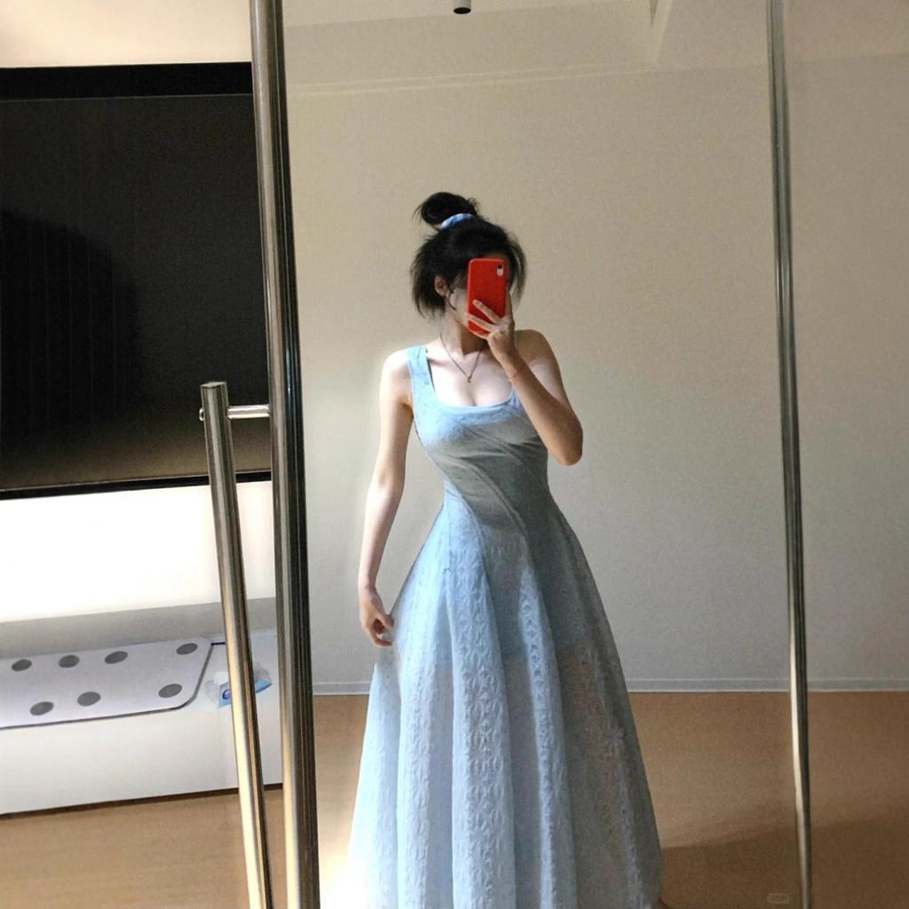 French blue square neck suspender dress women's summer seaside vacation temperament advanced sense waist thin fluffy dress