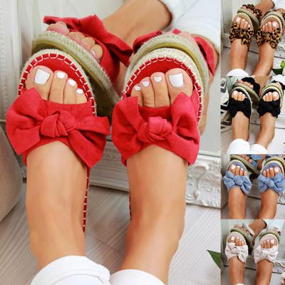 Women Solid Color Leopard Print Bowknot Non-slip Open Toe Slippers Flat Sandals