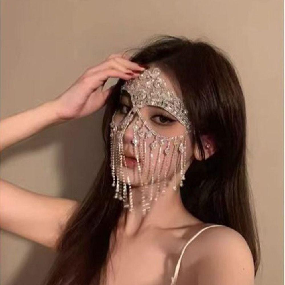 Full Face Masquerade Mask Veil Facial Jewelry Accessories Personality Rhinestone Mask Party