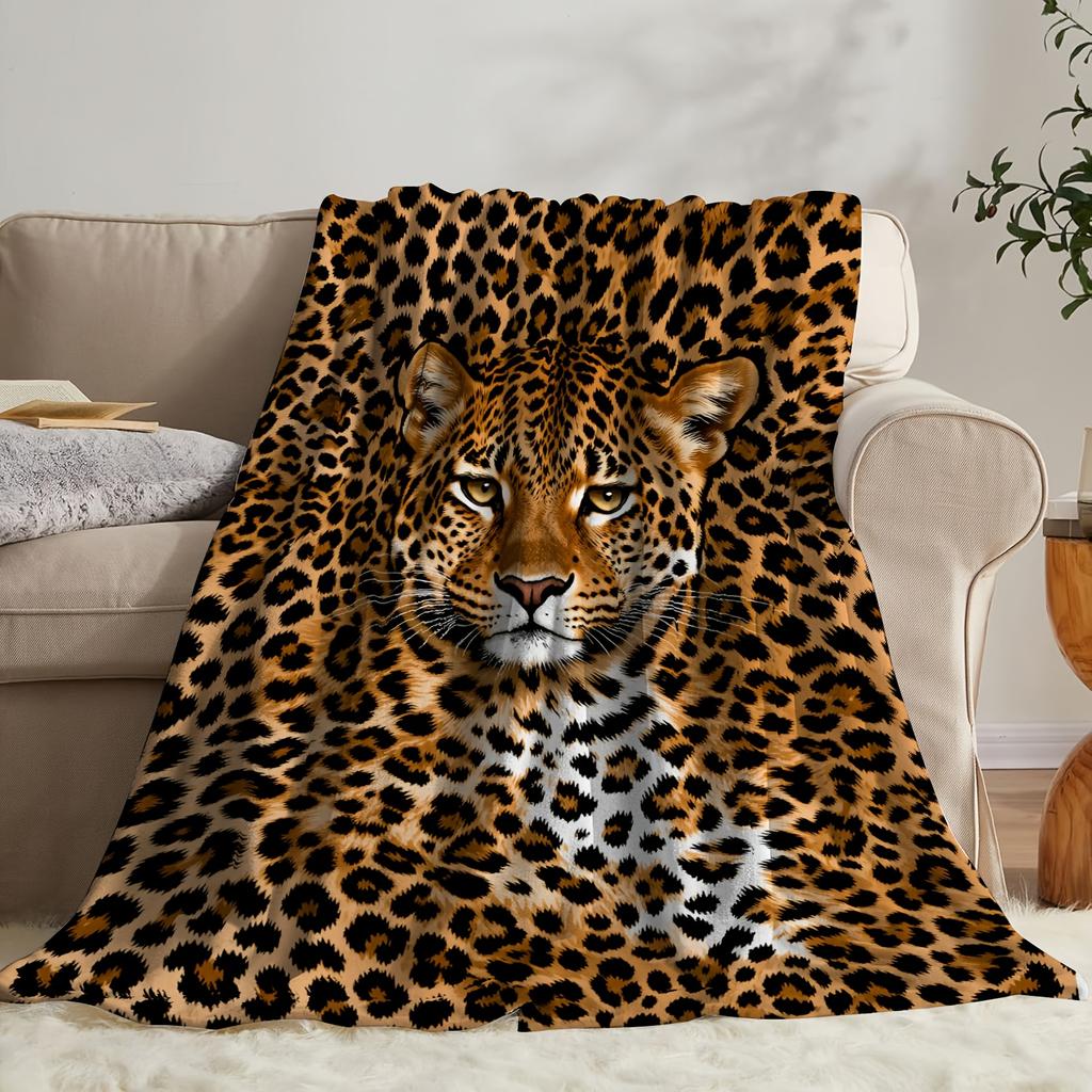 Leopard Print Flannel Throw Blanket, Realistic Leopard Face Brown Spots Print Soft Warm Cozy Blanket for Sofa Bed Bedroom Home Decor Gift