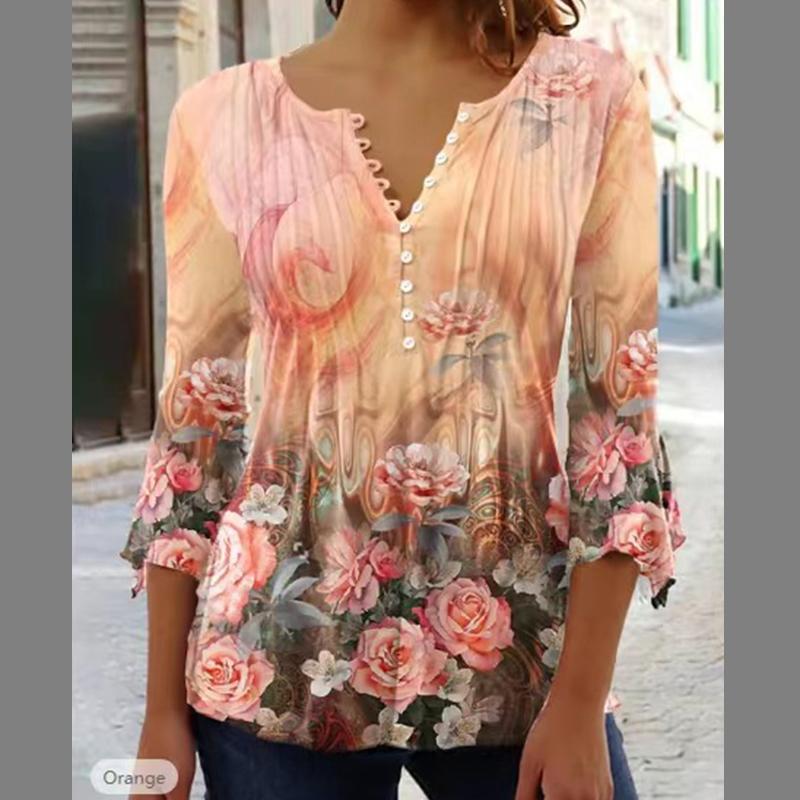 European and American Spring and Summer Fashionable Women's Floral Print V-neck Short Sleeved Pleated Button T-shirt with A Base