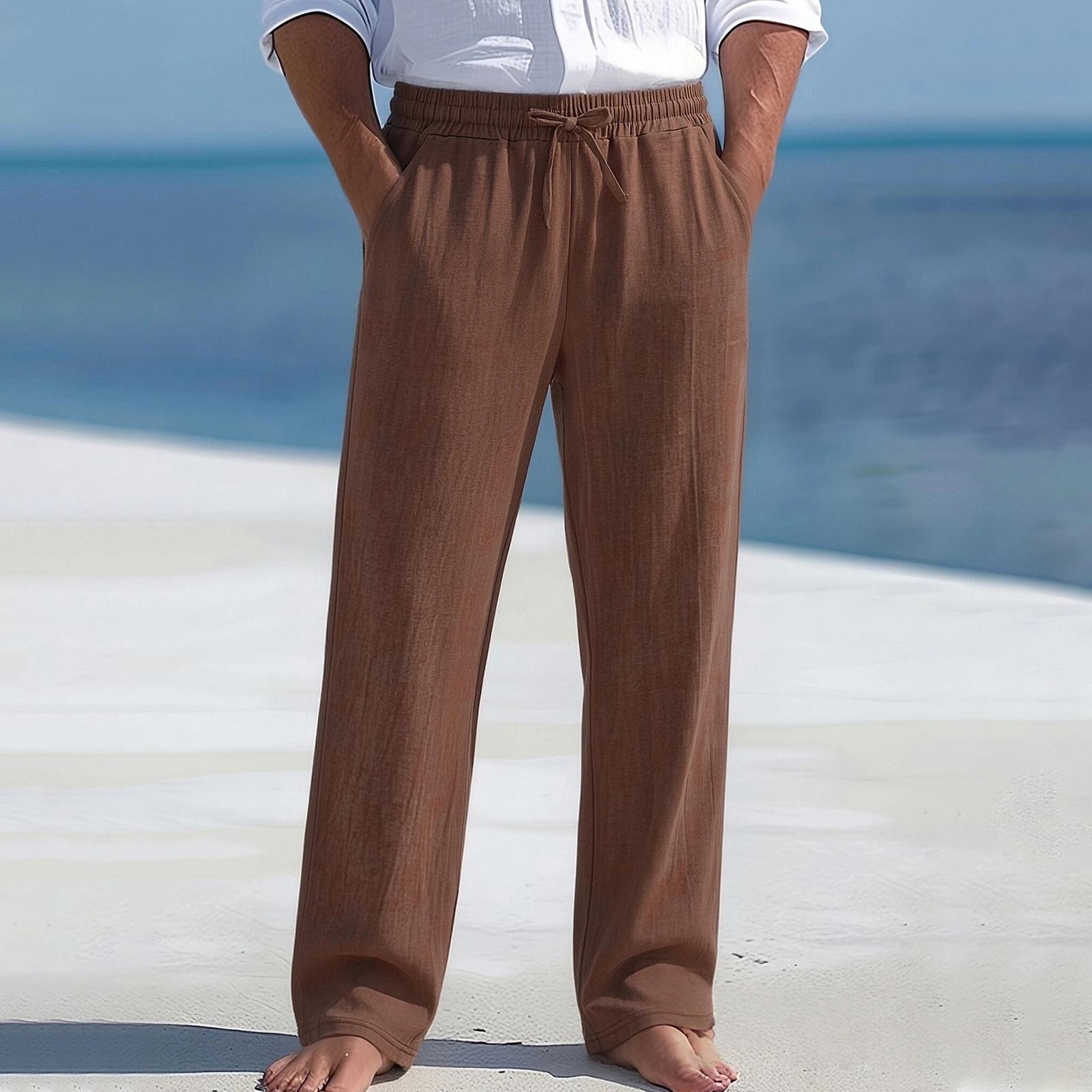

Мужские хлопково-льняные брюки с кулиской и широкими штанинами - Дышащие брюки прямого кроя - Свободные брюки XXXL